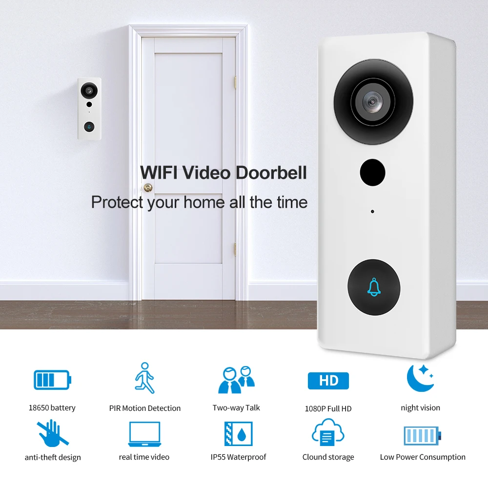 Bel Pintu Video Nirkabel WIFI IP Tuya APP 2MP 1080P dengan Sudut Lebar 140 Derajat H.265