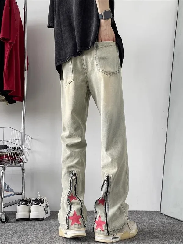 

Мужские джинсы American Vibe Vintage High Street, летние свободные прямые брюки с дизайнерской отделкой, длинные брюки-клеш на молнии