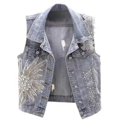 New Fashion Beaded Denim Vest for Women Harajuku Trendy Vintage Short Sleeveless Ripped Jean Jackets Coat
