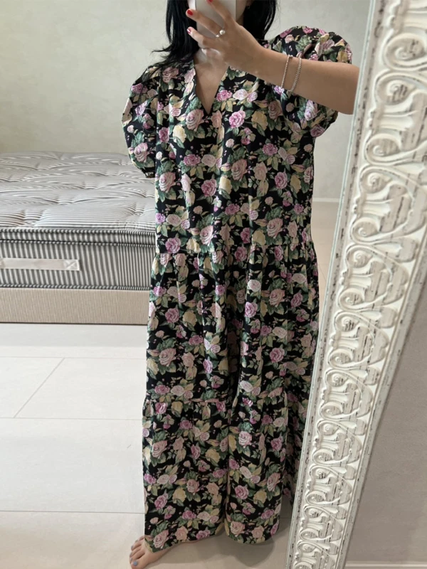 Summer Ele Floral Print Dr Bubble Sve V-Ne Loose Waist Sle Women's Faion Sweet  Dr Tea Break Skirt