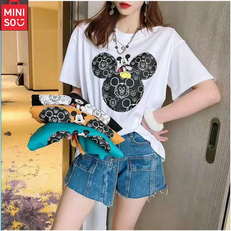 تي شيرت نسائي MINISO Minnie Mouse Silk بسيط وأنيق، قميص أساسي كاجوال، قميص برقبة دائرية، مخطط ألوان كوري #2