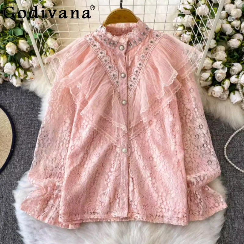 

Женская рубашка в стиле Лолиты с воротником-стойкой во французском стиле, весна-лето, французская тяжелая промышленность, свободный корейский топ с оборками