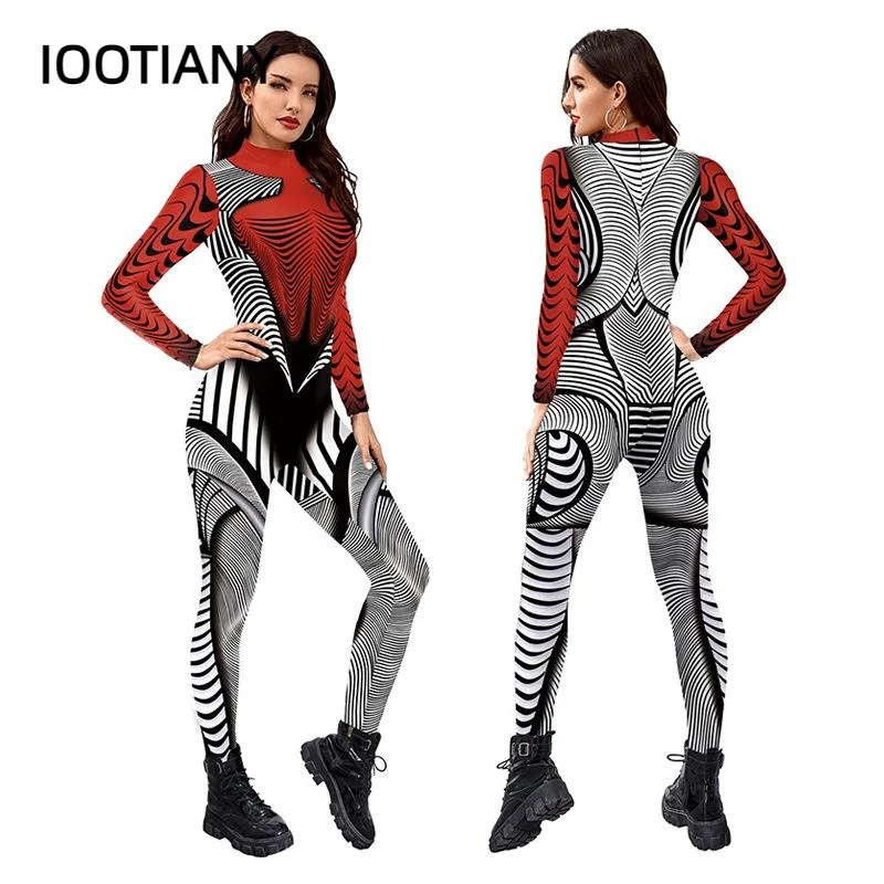 

IOOTIANY Geometric Lines Pattern Sexy Women Jumpsuit Cosplay Costumes Skinny Fashion Party Bodysuit 2026