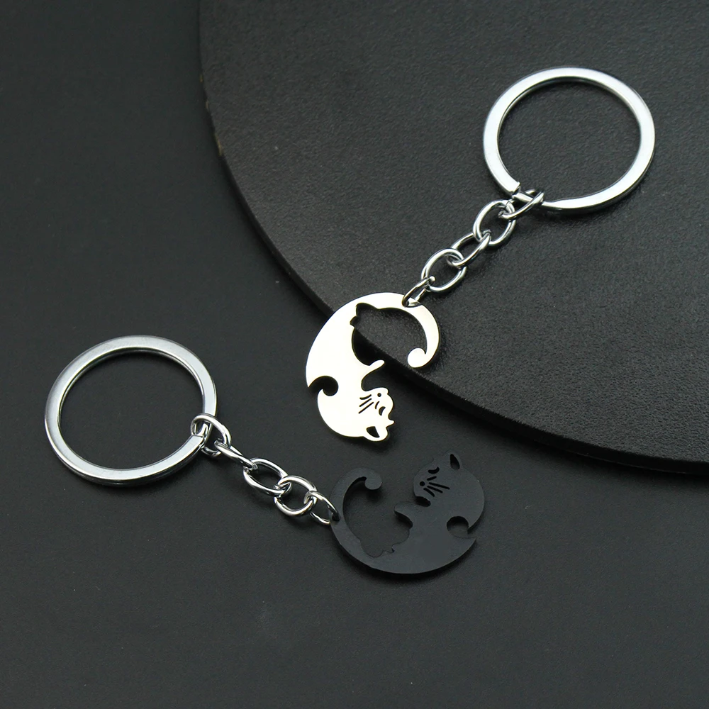 1 Pair Creativity Cute Stainless Steel Cartoon Cat Keychain Couple Animal Matching Key Ring Pendants Valentine Friendship Gift - view 4