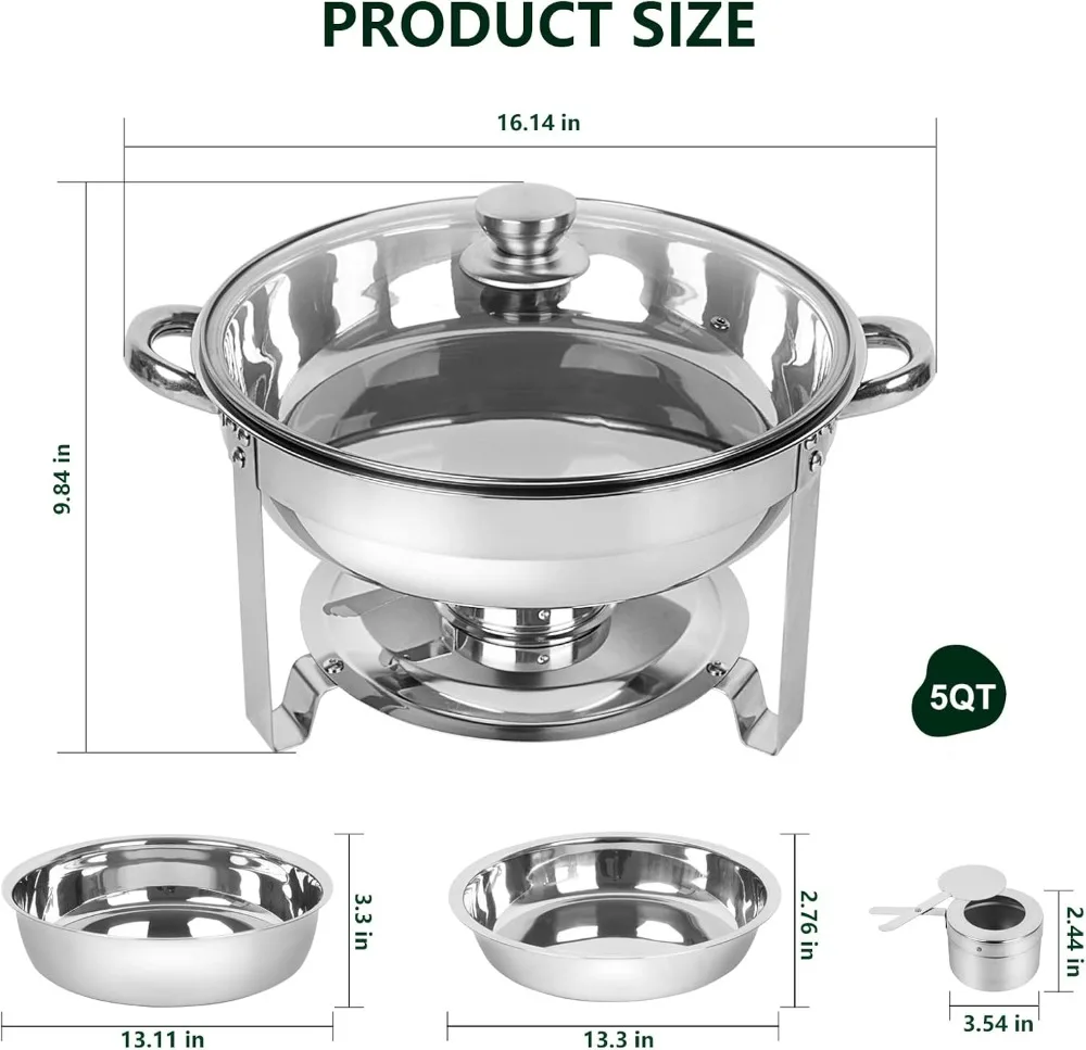 Chafing Dish Buffet Set of 2, 5QT Round Stainless Steel Chafer for Catering in Glass Lid, Chafers and Buffet Warmer Sets