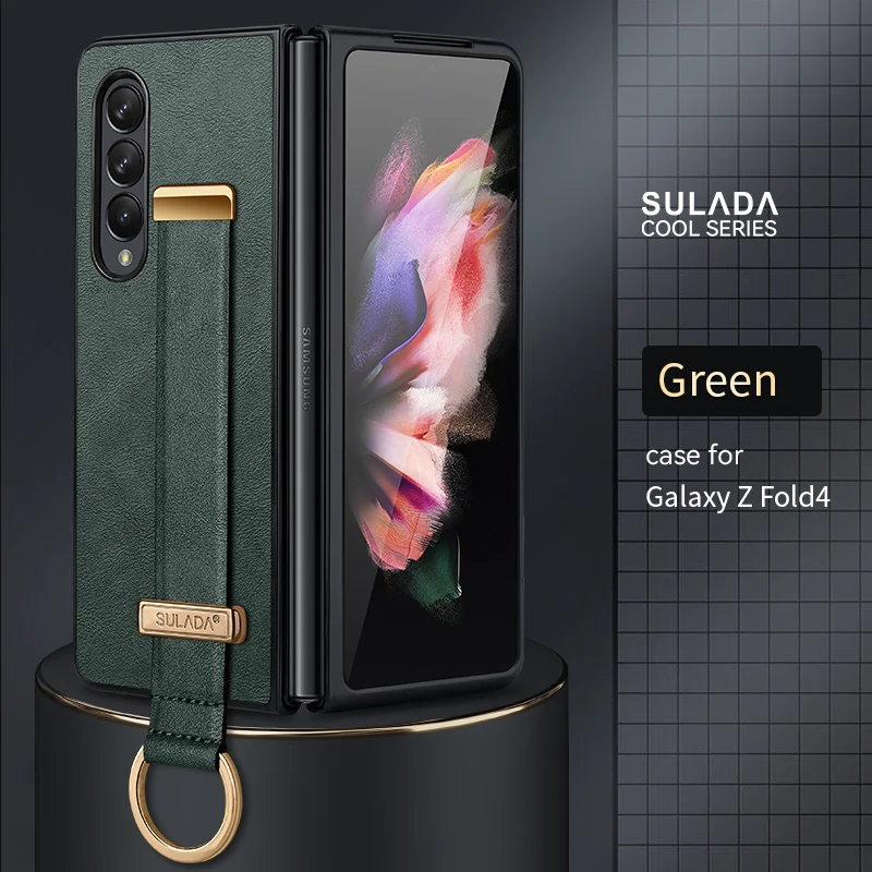 For Samsung Galaxy Z Fold 6 5 4 3 2 Case Luxury Leather Cover with Portable Wristband Hand Strap Kickstand Metal Ring