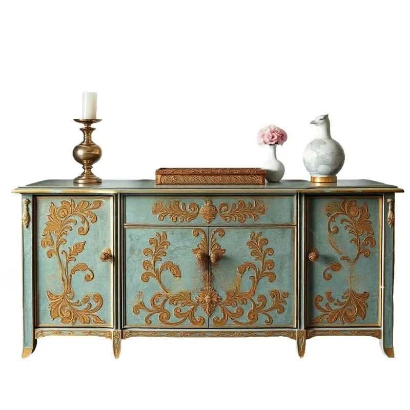 

French retro solid wood painted porch cabinet, living room carved decorative cabinet, household locker, dining side cabinet
