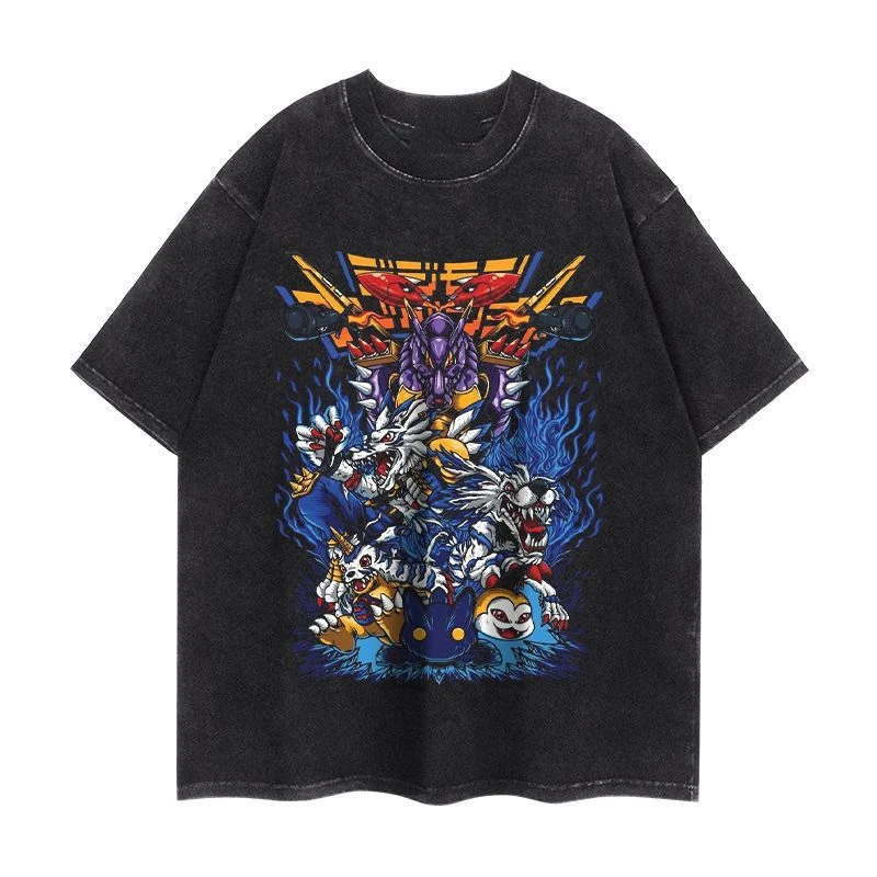 Y2k Anime Digimon American Street Washable Short-sleeved T-shirts for Men and Women Cartoon Round-neck Loose Retro Couple Tops