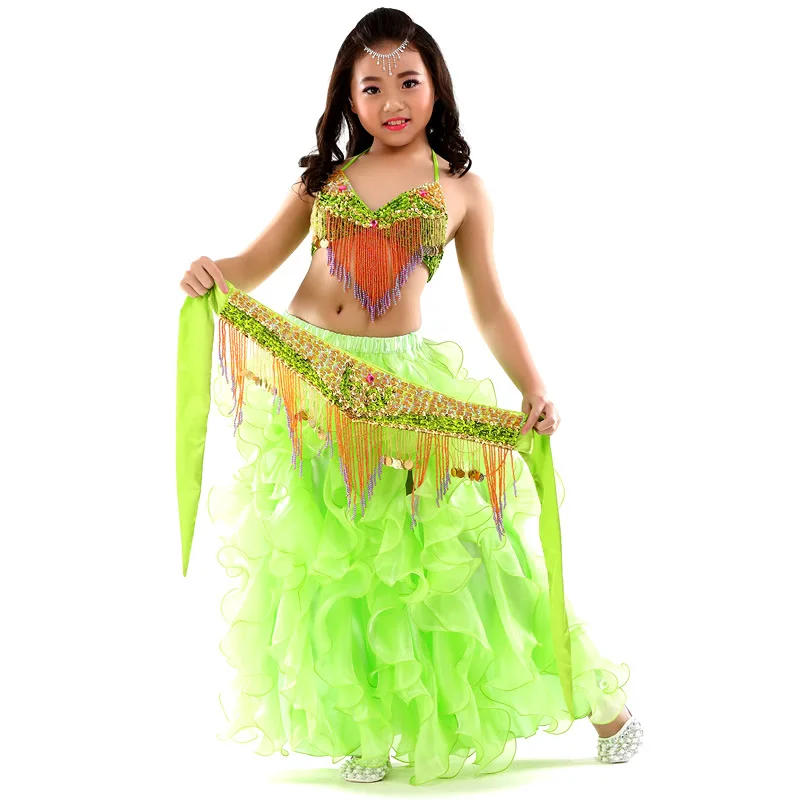 Children Belly Dance Clothes Oriental Dance 3-piece Bra Belt Skirt Girls Costume Set Group Competition Beadwork Costumes Kids