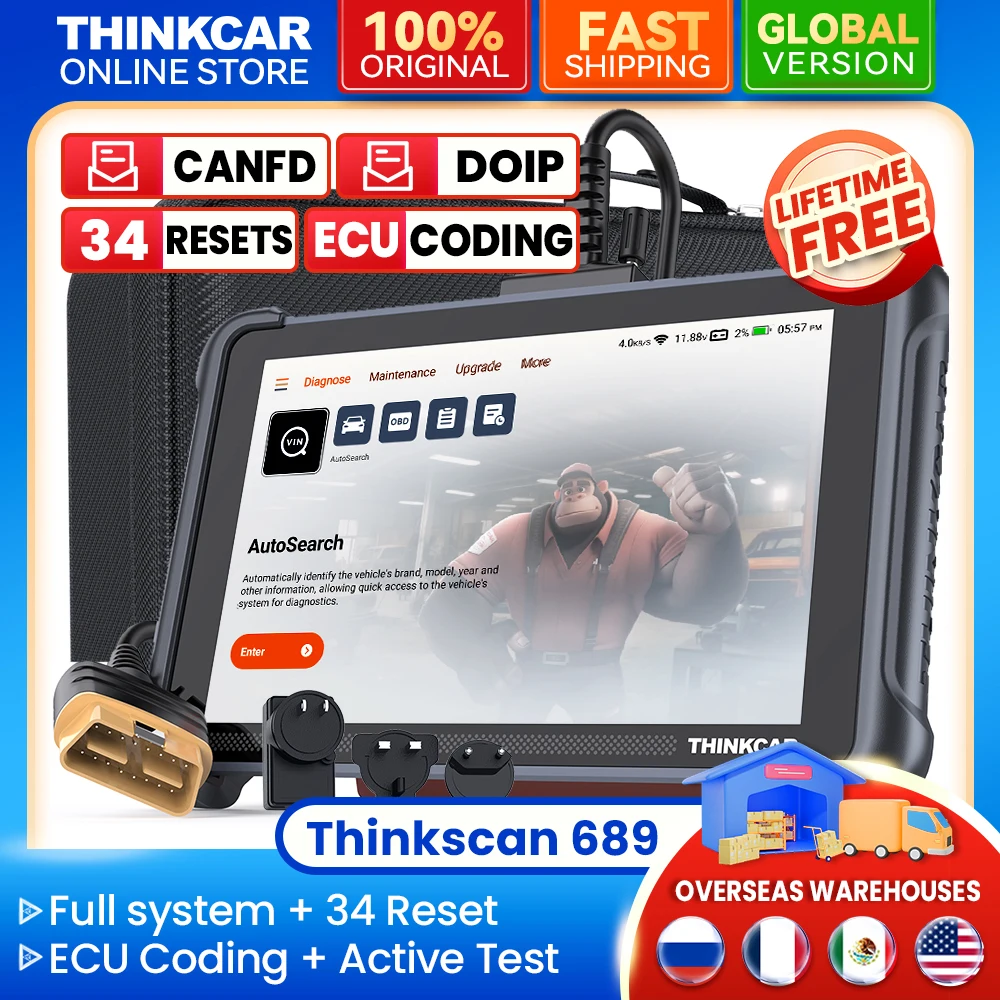 

THINKCAR THINKSCAN 689 OBD2 Car diagnostic tools full system scanner 34 resets ECU coding Active test CANFD&DoIP lifetime free