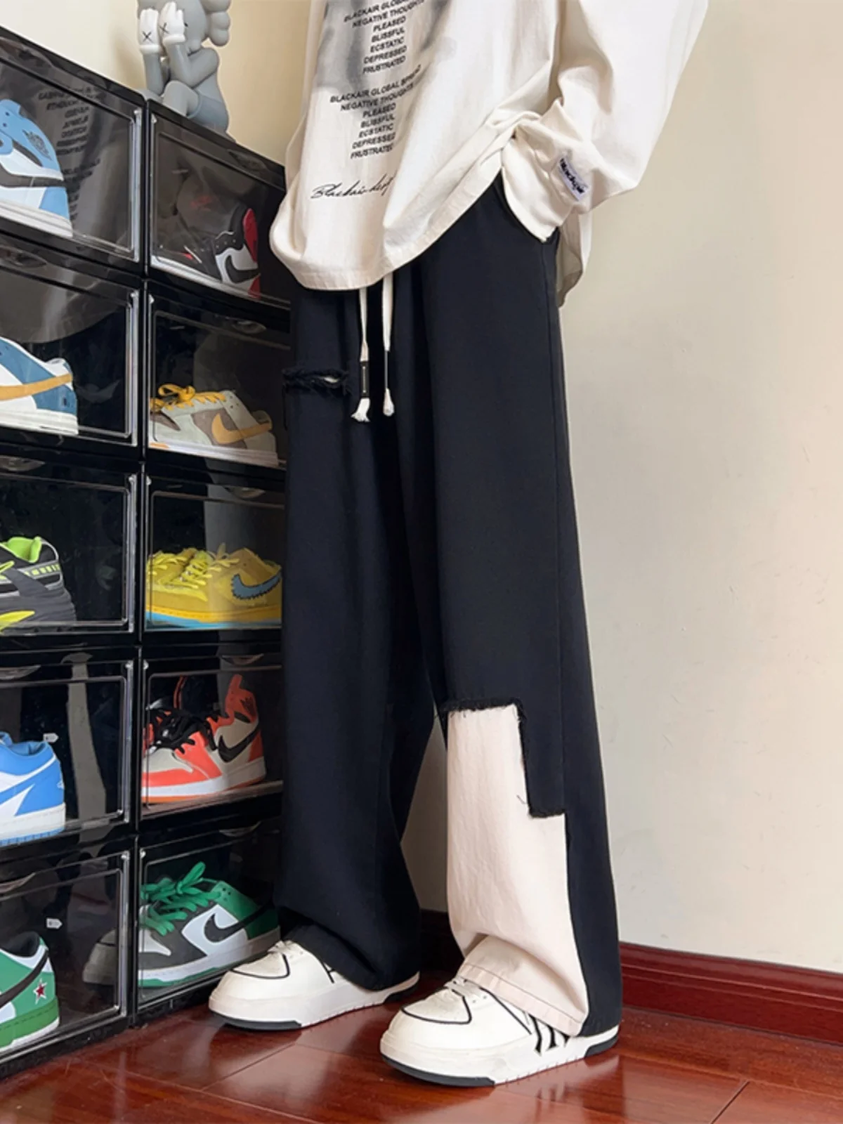 

Модные мужские повседневные брюки High Street Sle, широкие прямые джинсы-трубы, осенняя модная брендовая дырочная лоскутная рабочая одежда