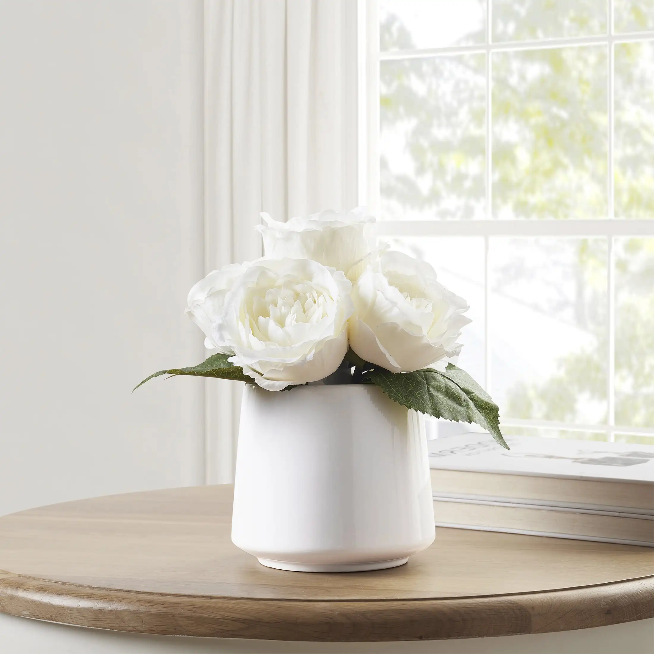 

White Faux Rose Floral in White Ceramic Vase, 13 Height