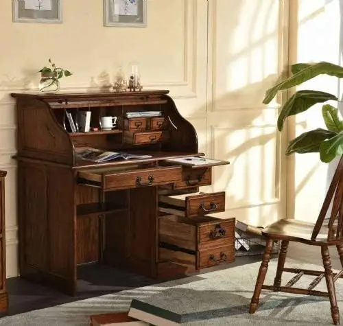 

Small Home Office or Student Roll Top Desk- Solid Oak Wood Single Pedestal Organizer Desk Quality Crafted Construction Locking
