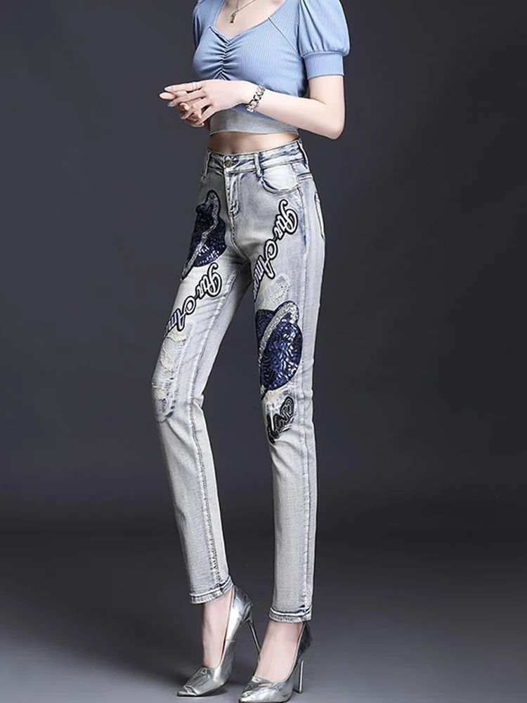 

Осенние декоративные джинсы с блестками, женские облегающие и утягивающие брюки с высокой талией и стильными индивидуальными брюками
