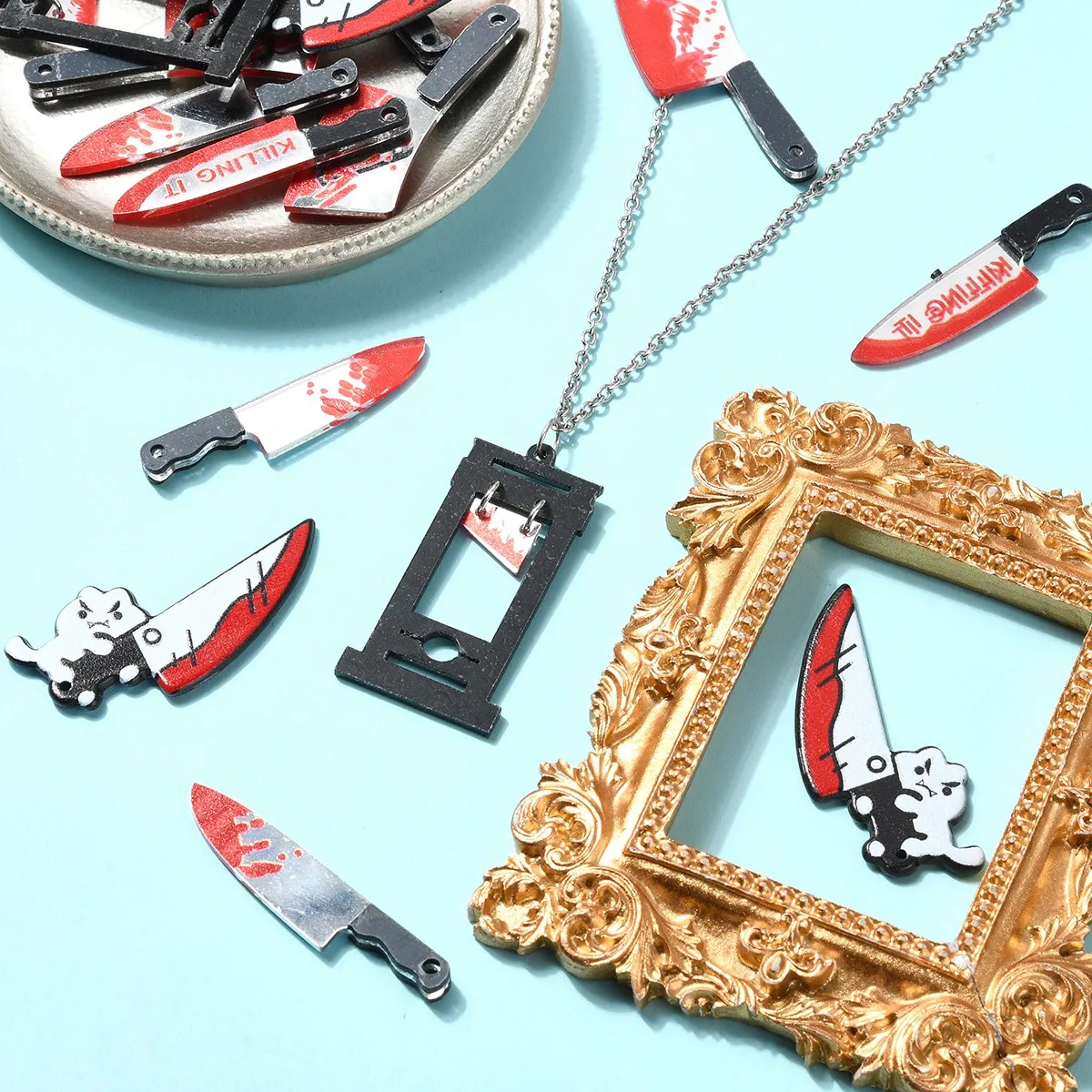 15 pezzi 5 stili Halloween stampato opaco acrilico coltello pendenti collana orecchino risultati gioielli fai da te
