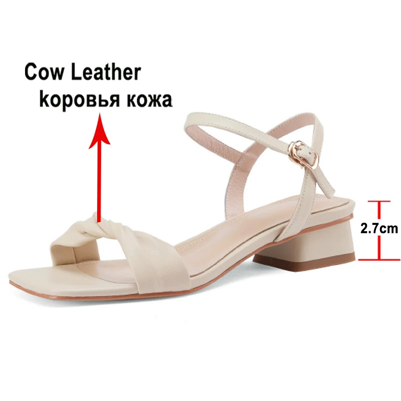 Meotina Women Genuine Leather Sandals Square Toe Flat Cow Leather Sandals Causal Buckle Ladies Shoes Summer Green Beige 40