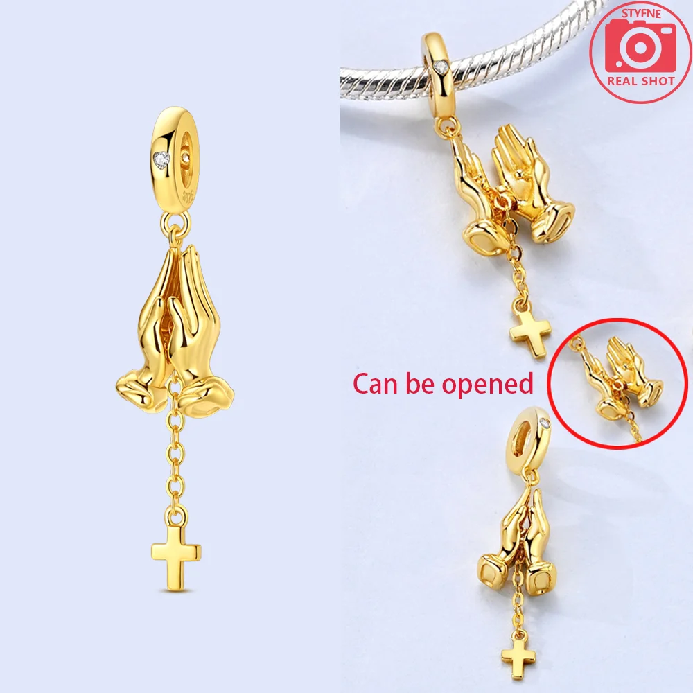 Religious Charms 925 Silver Prayer Hand Beads Cross Pendant Fit Original Bracelet Necklace Jewelry DIY Exquisite Women Gifts