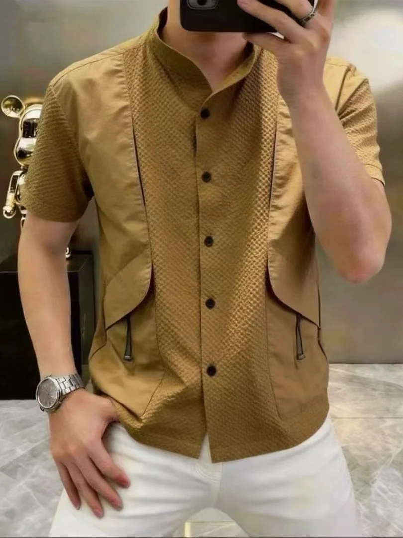 

Summer Men's Shirt Stand Collar Patchwork Button Short Sleeve Fashionable Luxury Versatile Handsome Half Sleeve Top
