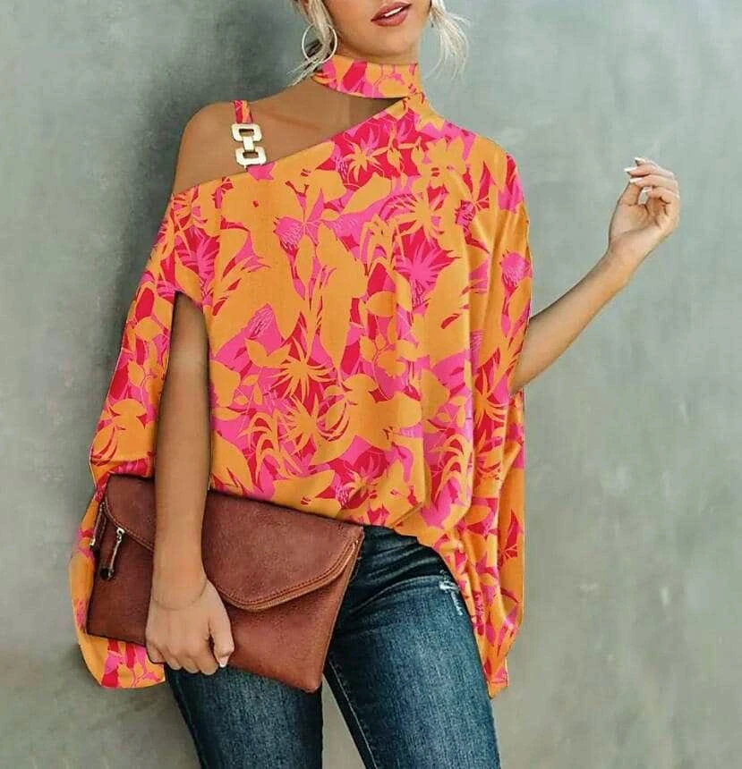 

Plus Size Women's Sexy Loose Blouse 2024 Summer Shirt Open-shoulder Hollowed-out Short Sleeve Chain Neck Print Top Femme Blouse
