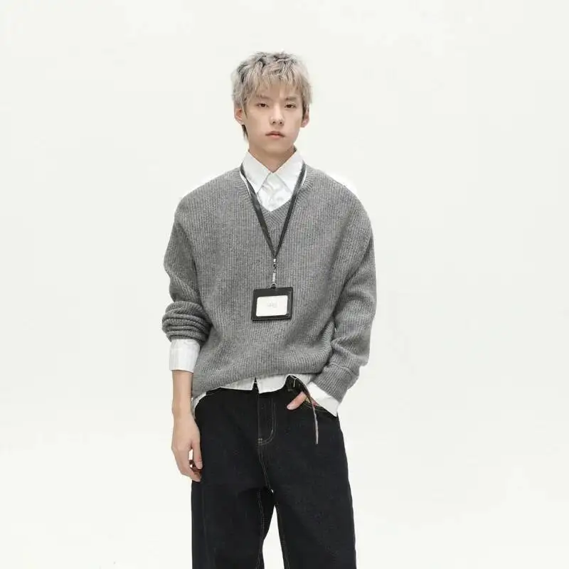 

Мужской свитер, осенне-зимний свободный универсальный свитер в корейском стиле, винтажный вязаный свитер большого размера, пуловер с круглым воротником