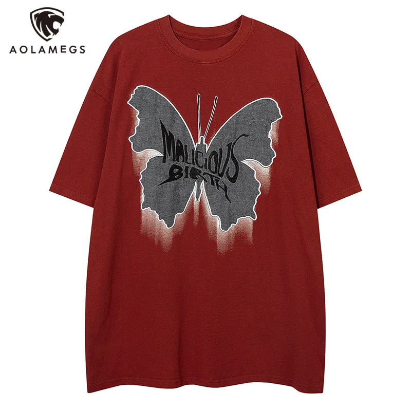 

Aolamegs Men Distressed Short Sleeve T Shirts Vintage Butterfly Embroidered T Shirt Harajuk Fashion Street Tees Tops Red Black