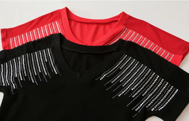 Camiseta feminina de manga curta com decote em v, oca, retalhos de malha, algodão, tops quentes de diamantes, roupas européias, moda verão