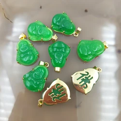 Natural Green Jade Buddha Pendant Chinese Style Smile Maitreya Inlaid Amulet with Character Fo Design for Men Women Luck Jewelry