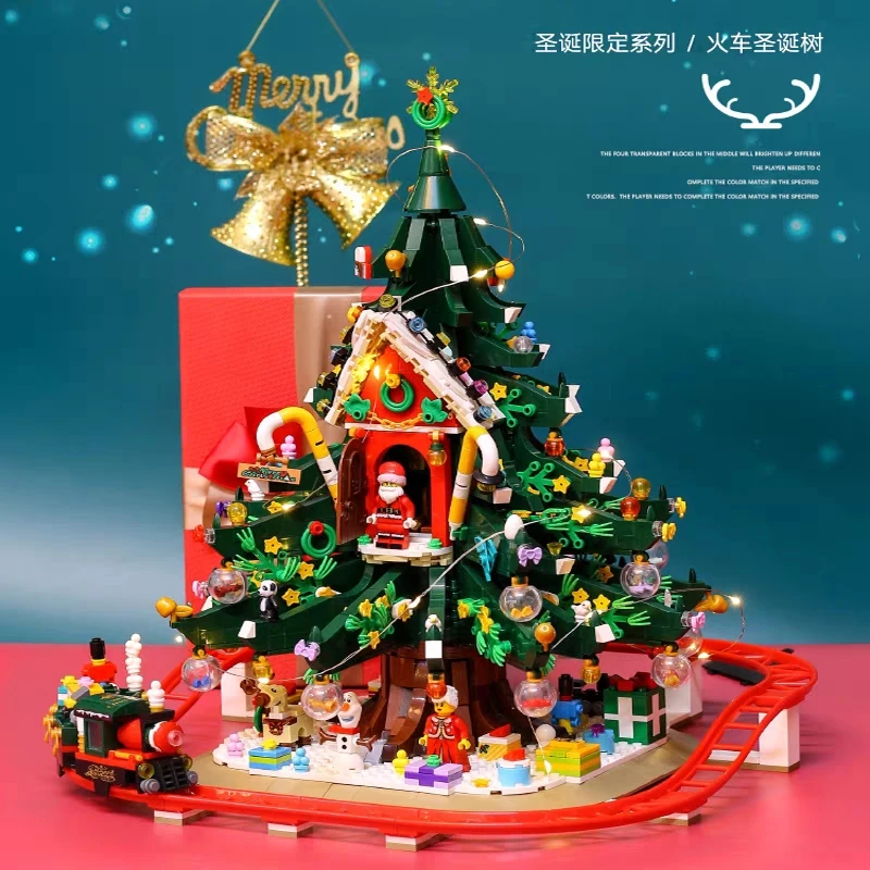 

Christmas Tree House Train Tracks Building Blocks Assembled Mini Bricks Snowman Santa Claus Figure Puzzle Toys For Kids Gifts