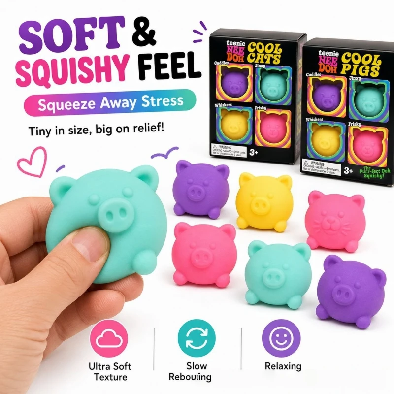 4-Pack Kitten, Bear & Pig Squishy Stress Relief Balls, Sensory Fidget Toys for Adults, Anti-Anxiety Sensory Toy Mini Gift Box