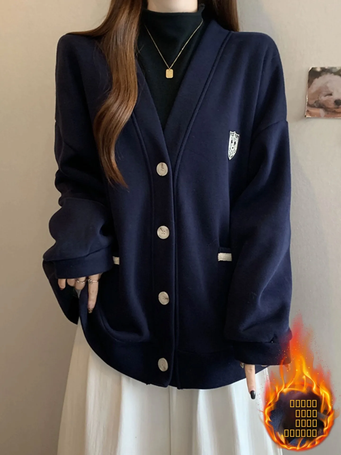 

Свободный кардиган-худи женский с V-образным вырезом, синий, удлиненный, в корейском стиле, для повседневной носки, осень-зима