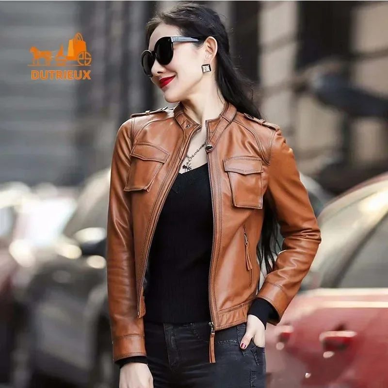 

New Winter Women's Leather Jacket, High Quality Retro Temperament Sheepskin Stand Collar Short Slim Leather Work Jacket Coats