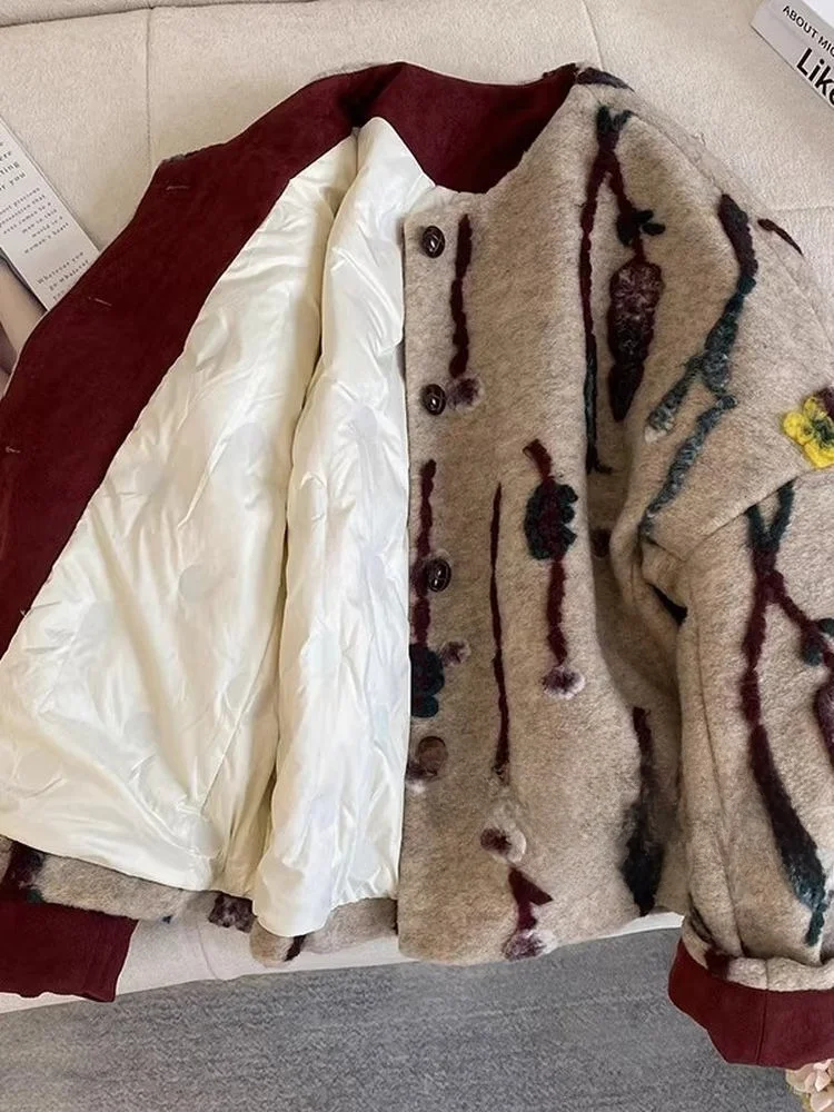 

Женское утепленное шерстяное пальто с хлопковым клетчатым цветочным узором, осенне-зимняя новинка, свободный крой, для повседневной носки