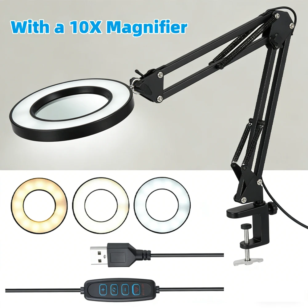 72LED 8X/10X NEW Illuminated Magnifier USB 3 Colors LED Magnifying Glass for Soldering Iron Repair/Table Lamp/Skincare Beauty