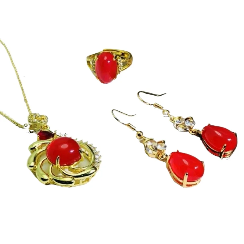 

Natural high ice chalcedony silver inlaid three-piece necklace pendant ring earrings exquisite set