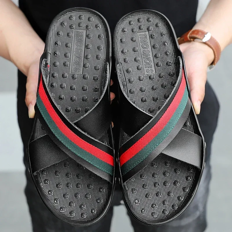 2024 Summer Men Slippers Fashion Leather Cross Strap Beach Water Shoes Man High Quality Slippers Big Size 48