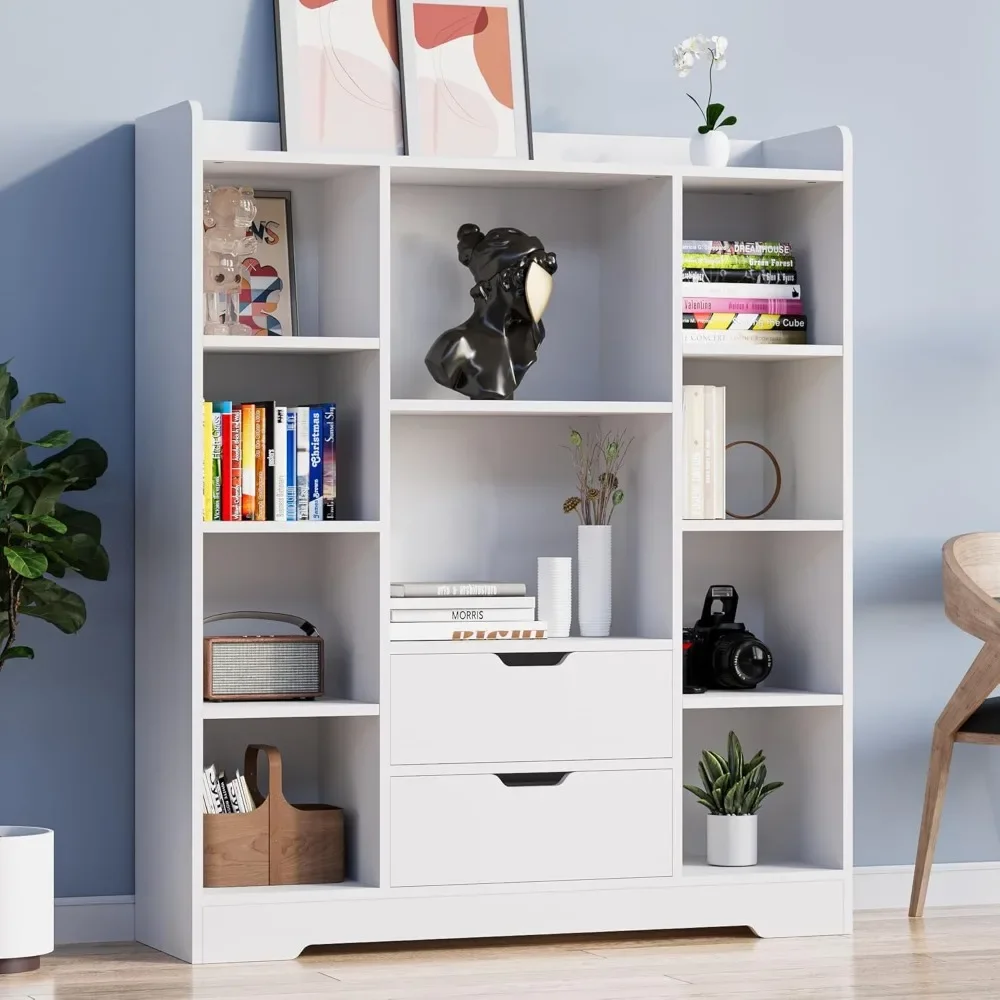 Bibliothèque blanche à 4 niveaux pour chambre à coucher, bibliothèque à étagère ouverte avec 2 wers de proximité et 10 cubes, étagère de rangement cube en bois