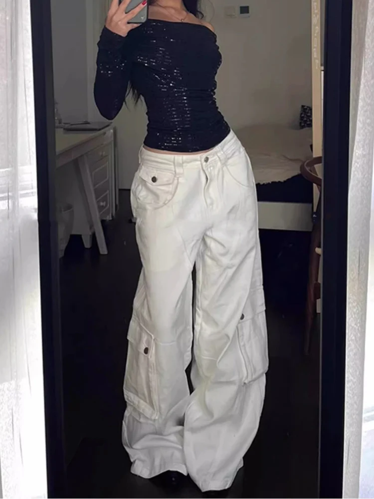 

American High Street Loose Women's Workwear Jeans Multiple kets Wide Leg Floor-Length Trousers Spring New Design White