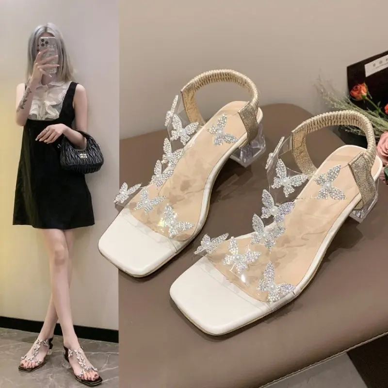 Summer Women Sandals Pvc Crystal Flower Decoration Chunky Heel Peep Toe Back Strap Elastic Band Elegant Fashion Shoes Ladies New