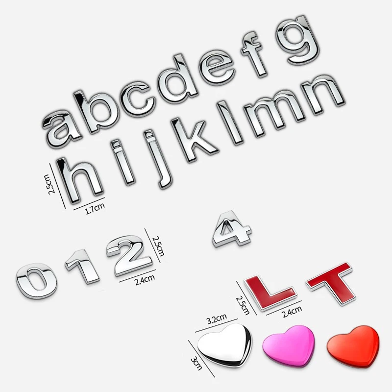 1Pcs 3D Metal Lower Case Letter Stickers Car Letters Alphabet Emblem Numbers Chrome Labeling Decals For Toyota Hyundai Ford Kia