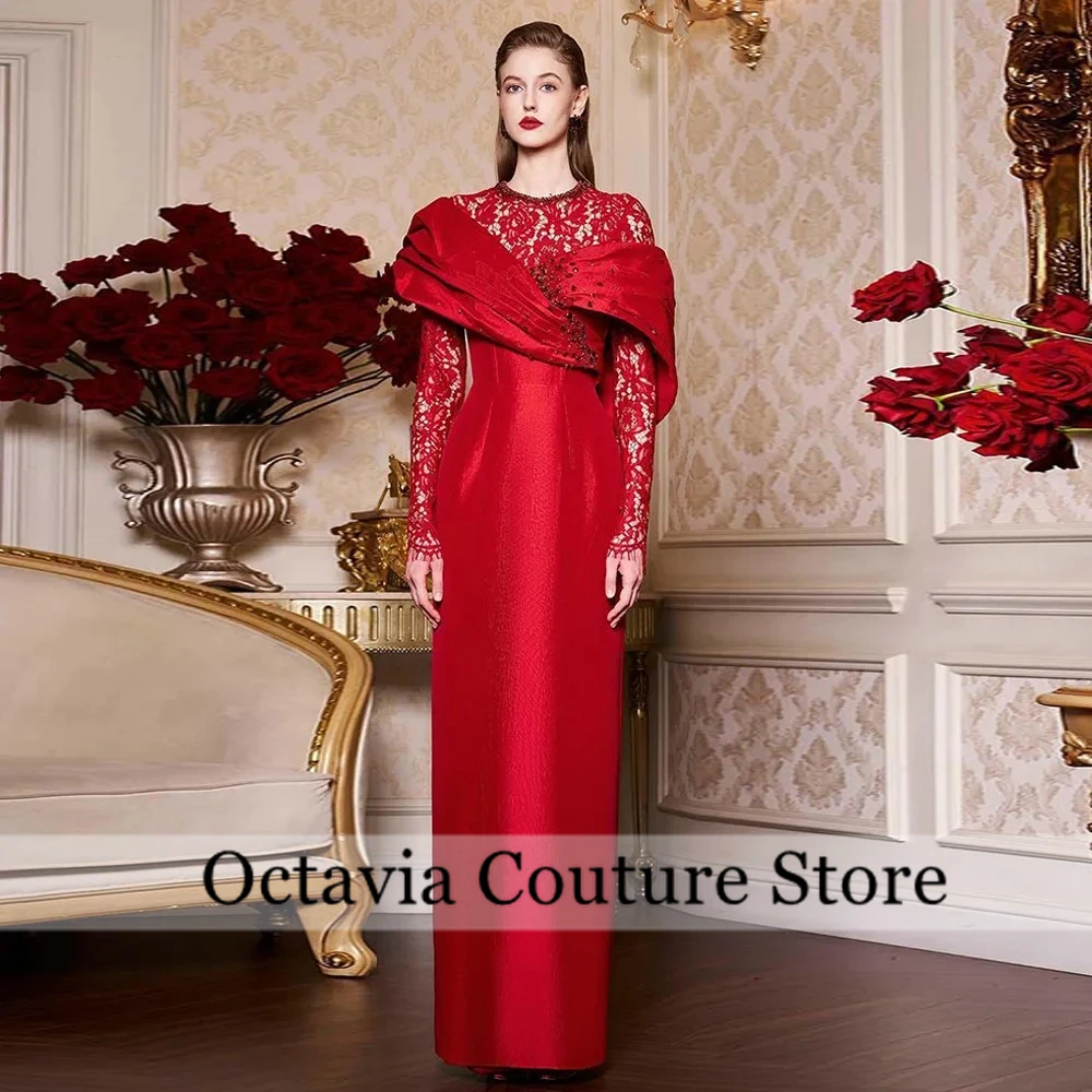 

Saudi Arabic Elegant Red Evening Dresses Vestidos De Fiesta Round Neck Long Sleeves Beading Lace Pleat Straight Floor فستان وردي