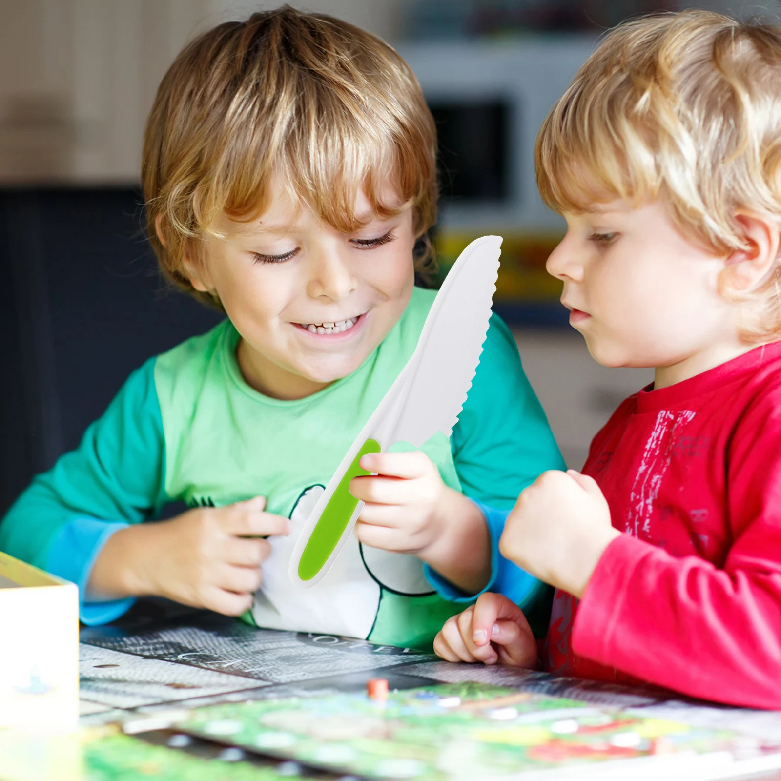 Juego de juguetes de cocina para niños, herramientas redondas de color amarillo, verde y azul, cuchillo plano, accesorios educativos de cocina para juego de imitación, 1 Juego