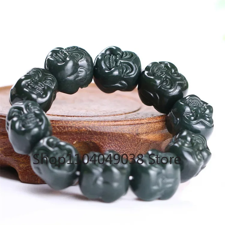 Send Certificate Natural Green Jades Buddha Head Bracelet Men Women Fine Jewelry Real Chinese Nephrite Jade Buddha Bead Bracelet