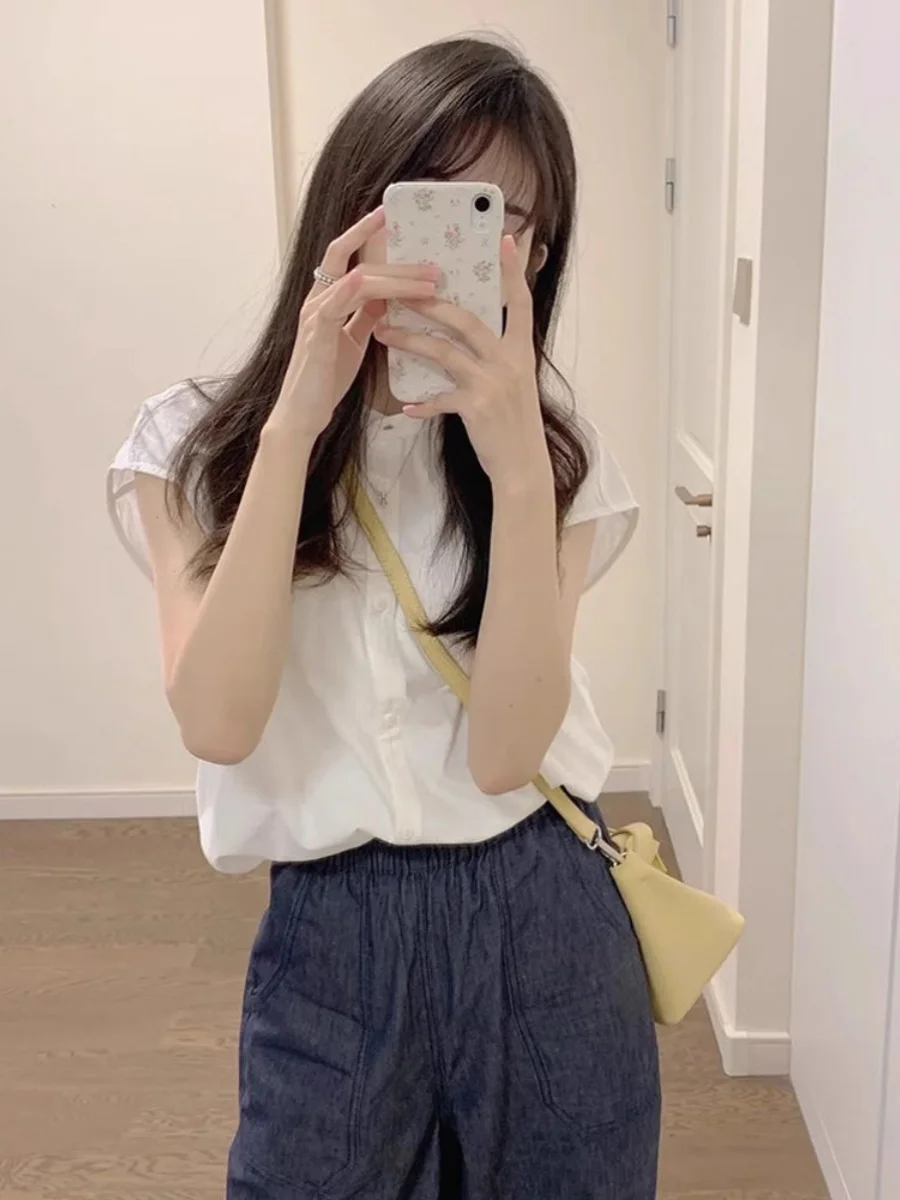 Ele White round Ne ort Sve irt Women's Summer Design Unique Small Fro irt Cotton Linen Blend Button up Top