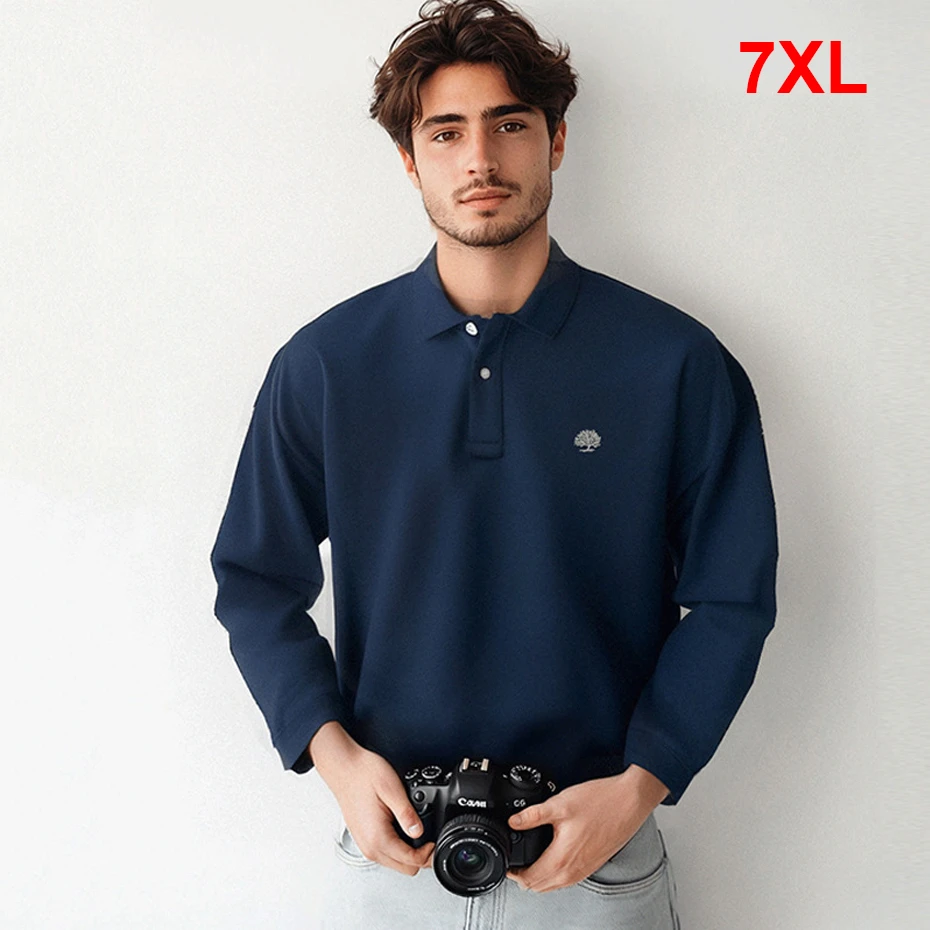 Long Sleeve Polo Shirts Men Spring Autumn Polo Shirt Plus Size 7XL Fashion Casual Solid Color Cotton Polo Black Green Navy