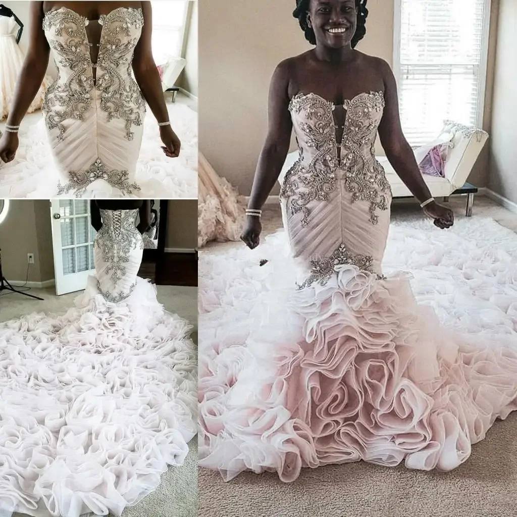 Customized Ruffles Crystal Mermaid Dresses Plus Size Sweetheart Lace-up Corset African Sparkly Church Wedding Gown