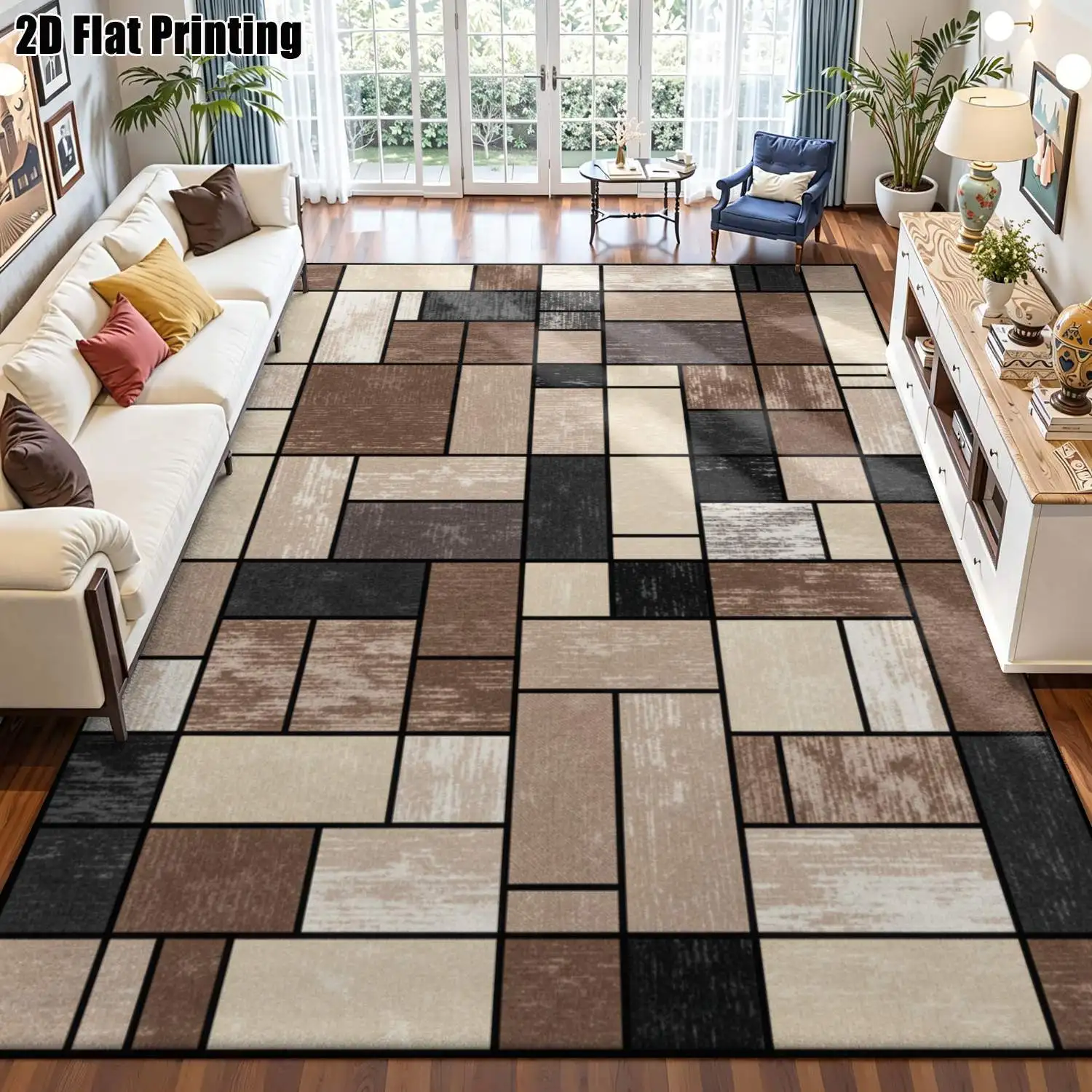 1Pc 2D Printed Retro Geometric Carpet, Nordic/European Style, Modern Minimalist Instagram-Inspired Floor Mat, Home Decor, Multi-Size, Machine Washable, for Entrance, Dining, Foyer, Living, Bedroom