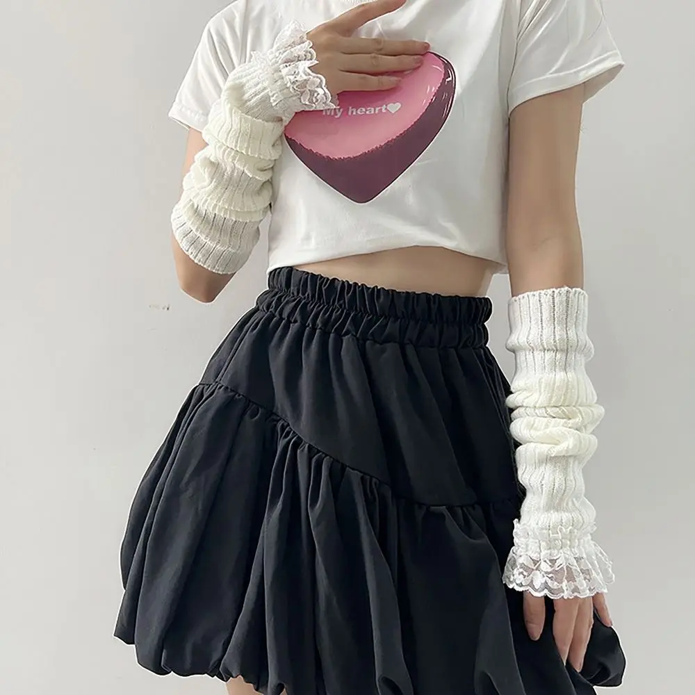 Casual Lace Women Long Wrist Gloves Long Knitted Arm Warmers Knitted Gloves Japanese Korean Style Arm Warm Gloves Student