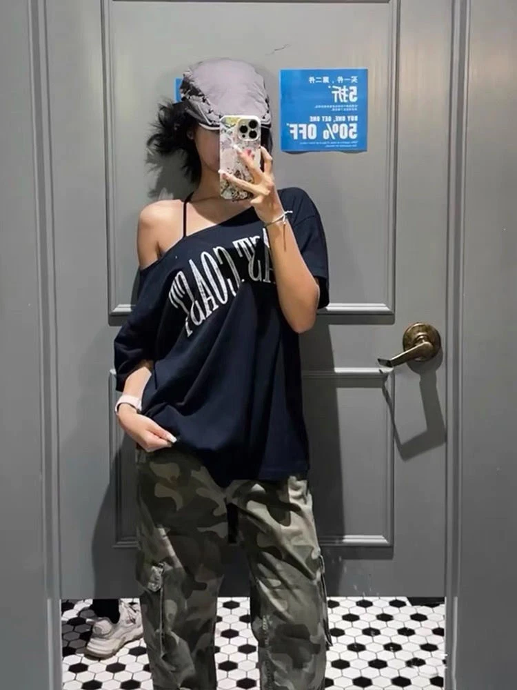 Y2k Vintage Summer Off shoulder Oversize T Shirt Women Short sleeve Korean Chic Crop Top Youth  Elegant Blouse Female Clothing image 5