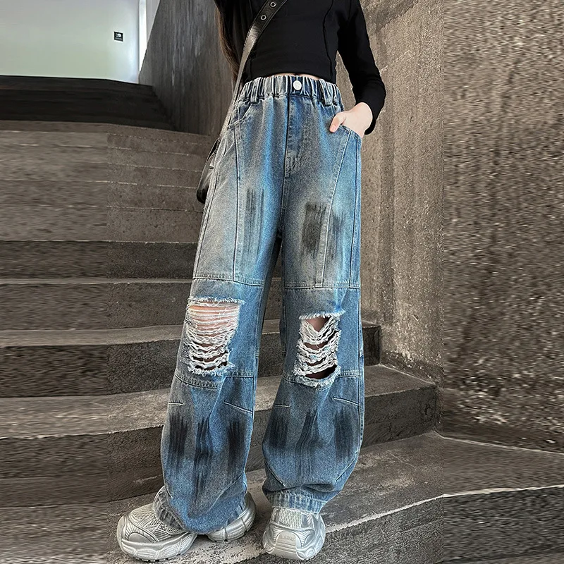 Girls American Style Street Wear Jeans Hiphop Design Jazz Denim Pants Kids Child Straight Fit Ripped Trousers with Broken Holes