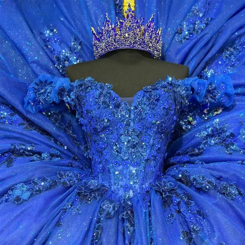 Azul real fora do ombro vestidos quinceanera vestido de baile apliques rendas personalizado espartilho vestidos de xv anos personalizado 2025